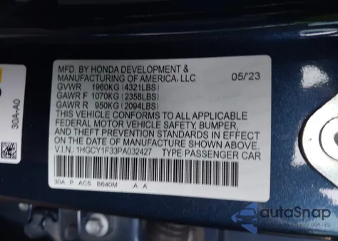 2023 Honda Accord Ex from USA, damaged, VIN 1HGCY1F33PA032427